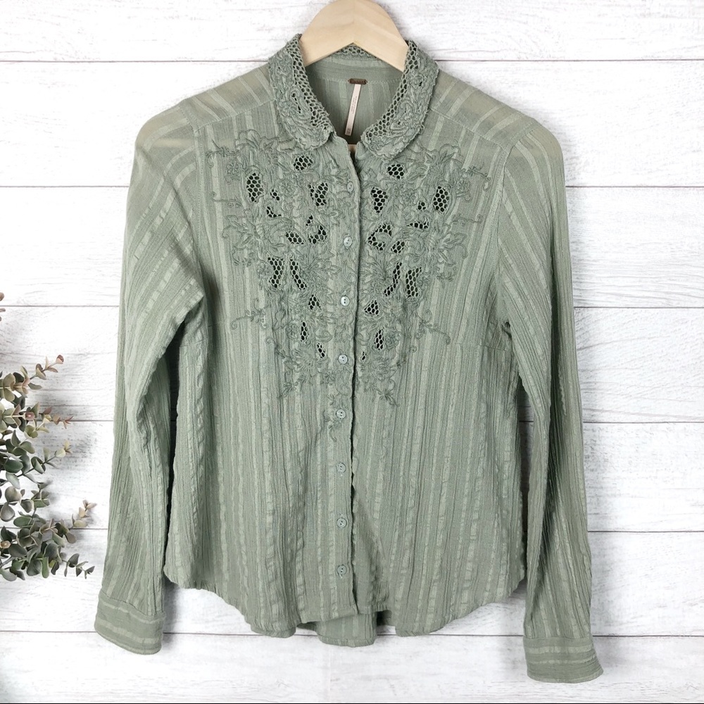 FREE PEOPLE Green Lacy Button Down Shirt Top